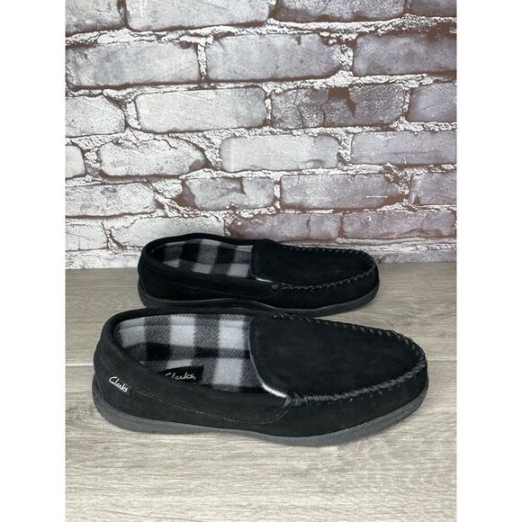 Clarks Venetian Black Suede Fur Lined Slip On Loafer Moccasin Slippers Men’s 10M - Picture 15 of 16